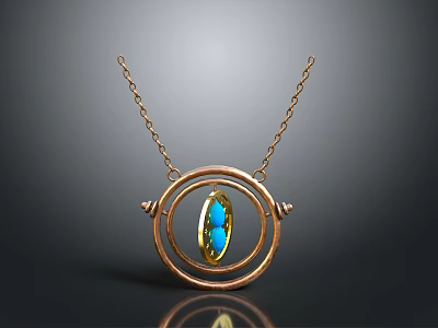 Elegant Shiny Golden Pendant Necklace With Blue Gemstone In Circular Frame 3d model