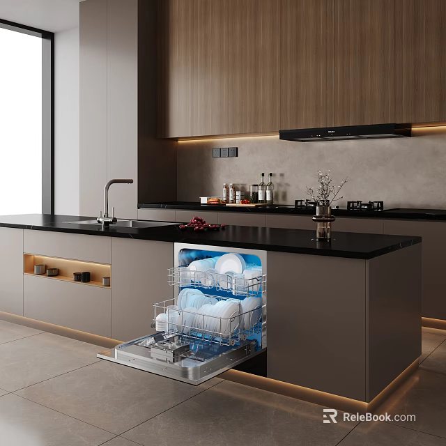Modern Kitchen With Grey Cabinets Wooden Upper Cabinets Black Countertop And Open Dishwasher 3d model 