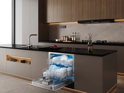 Modern Kitchen With Grey Cabinets Wooden Upper Cabinets Black Countertop And Open Dishwasher 3d model