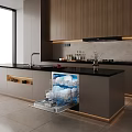 Modern Kitchen With Grey Cabinets Wooden Upper Cabinets Black Countertop And Open Dishwasher