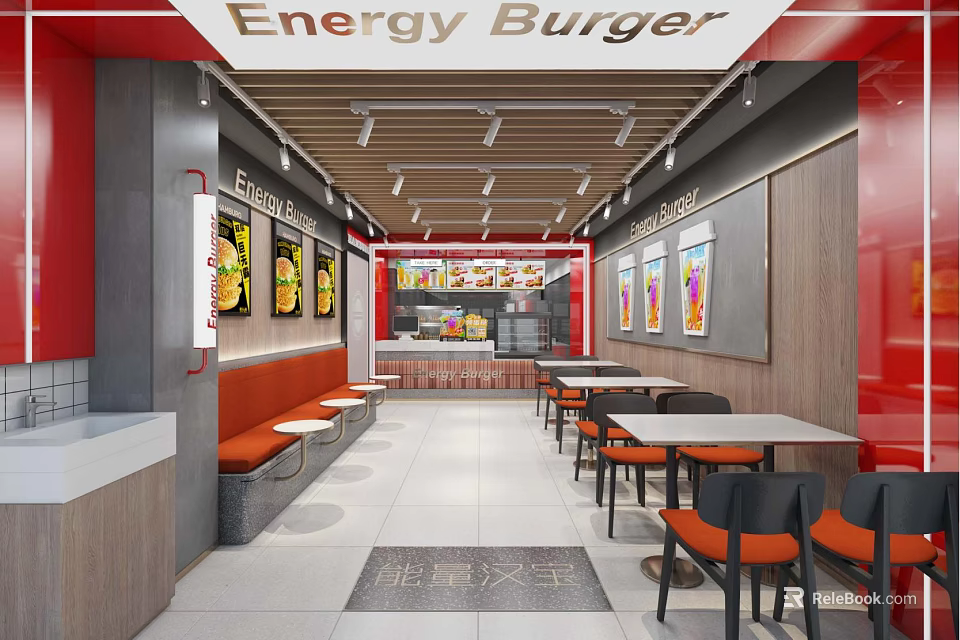 Energy Burger Restaurant Modern Red White Interior With Tables Chairs Booths And Wall Posters 3d model 