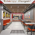 Energy Burger Restaurant Modern Red White Interior With Tables Chairs Booths And Wall Posters