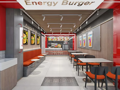 Energy Burger Restaurant Modern Red White Interior With Tables Chairs Booths And Wall Posters 3d model