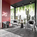 Modern Window Display with Red Wall Hanging Green Vines Cacti Gray Armchairs and Round Table