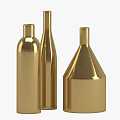 Three Golden Metallic Vases With Shiny Finish And Various Shapes
