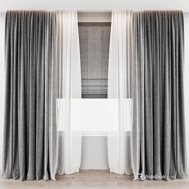 Modern Gray Curtains With White Sheer Fabric For Window Decoration 3d model