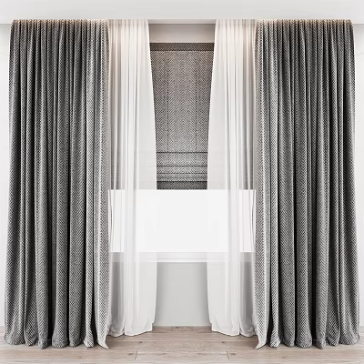 Modern Gray Curtains With White Sheer Fabric For Window Decoration 3d model