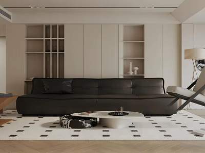 Modern Living Room Interior With Black Sofa Round Coffee Table And Geometric Rug 3d model