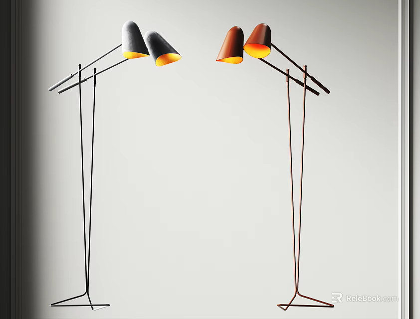Modern Double Head Floor Lamp With Black Brown Stand And Warm Orange Shade 3d model 