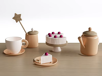 Assorted Table Items With Star Wooden Spoon Jar Cup Saucer Cake And Teapot 3d model