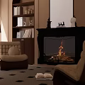 Black Ornate Fireplace with Burning Fire in Cozy Living Room with Bookshelves Armchairs and Decorations