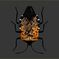 Vibrant Orange Black Insect With Green Accents Long Black Legs On Dark Background