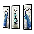 Three Panel Peacock Paintings With Blue Peacocks And Green Vase Decorative Art