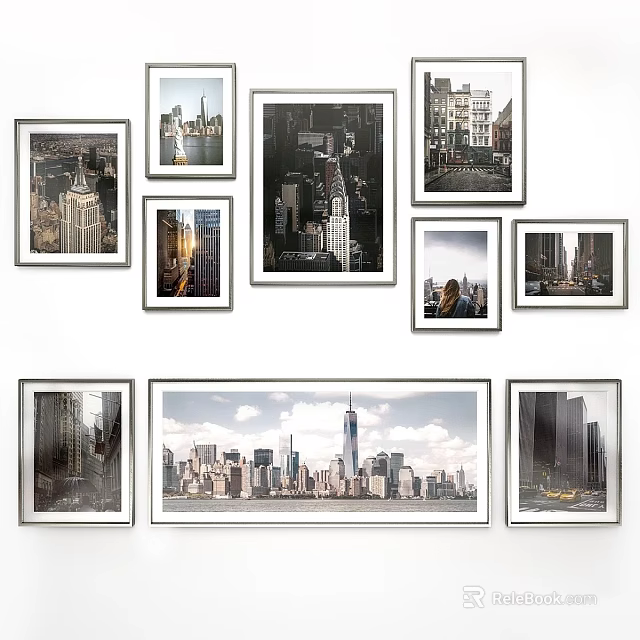 Stylish Photo Frames With Cityscape Photos Arranged On White Wall For Home Decor 3d model 