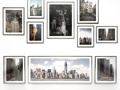 Stylish Photo Frames With Cityscape Photos Arranged On White Wall For Home Decor 3d model