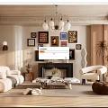 Elegant Living Room With Beige Sofa Fireplace Wall Art Chandelier Armchair And Plants