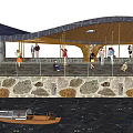 Curved Roof Building With Green Trees And People Gathering Outdoor Stone Wall Railings