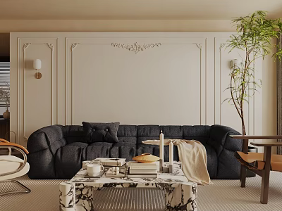 Modern Living Room Featuring Black Curved Sofa Marble Coffee Table Green Plant Decorative Wall Text 3d model