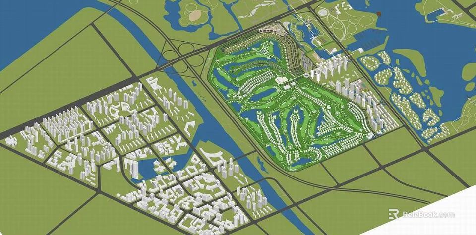 Shower Sauna Facilities In Urban Planning With Green Spaces And Riverfront Buildings 3d model 