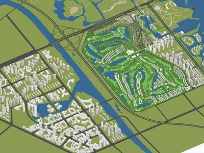 Shower Sauna Facilities In Urban Planning With Green Spaces And Riverfront Buildings 3d model
