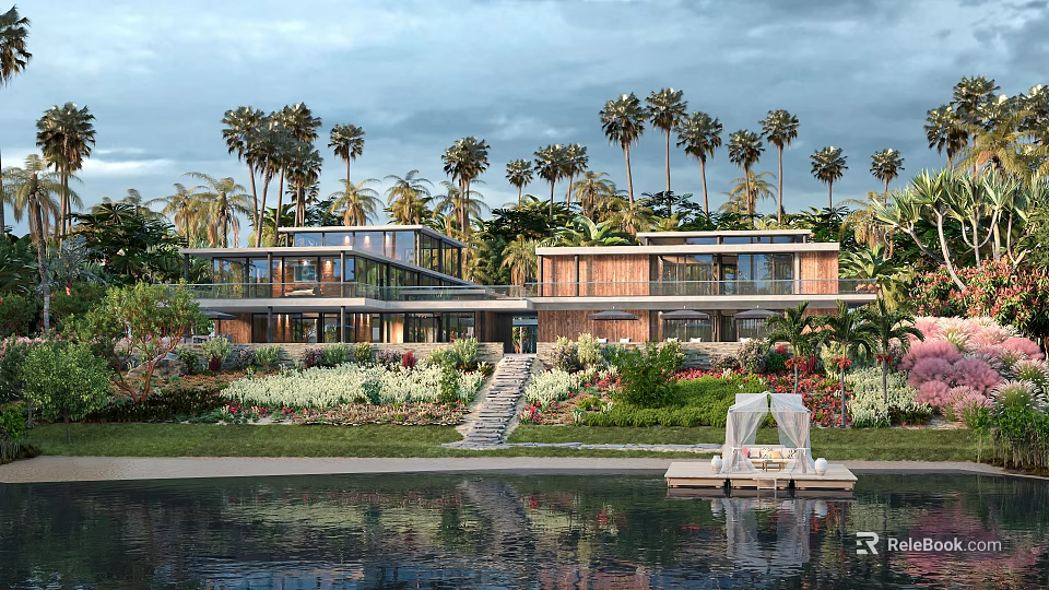Lakeside Modern Townhouse With Red Brick Exterior Glass Curtain Walls Palm Trees And Garden Lawn 3d model 