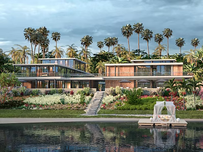 Lakeside Modern Townhouse With Red Brick Exterior Glass Curtain Walls Palm Trees And Garden Lawn 3d model