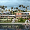 Lakeside Modern Townhouse With Red Brick Exterior Glass Curtain Walls Palm Trees And Garden Lawn