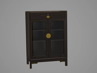 Dark Wood Chinese Style Shoe Cabinet With Glass Doors Golden Round Knobs And Legs 3d model