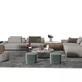 Modern Gray Sofa and Coffee Table Set with Round Table Ottomans and Throw Pillows 3d model