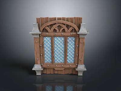 Vintage Wooden Window Frame With Arched Top Blue Diamond Glass And Stone Accents 3d model