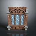 Vintage Wooden Window Frame With Arched Top Blue Diamond Glass And Stone Accents