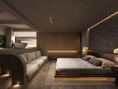 Modern Hotel Room With Warm Lighting Comfortable Bed Sofa Wooden Stone Walls And Scenic View 3d model