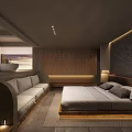 Modern Hotel Room With Warm Lighting Comfortable Bed Sofa Wooden Stone Walls And Scenic View