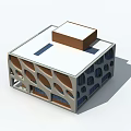 Modern Commercial Complex Exterior With White Roof And Brown Geometric Facade Elements