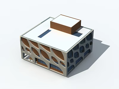 Modern Commercial Complex Exterior With White Roof And Brown Geometric Facade Elements 3d model