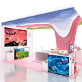 Colorful Exhibition Booth With Wave Shaped Roof Product Display And Pink Elements