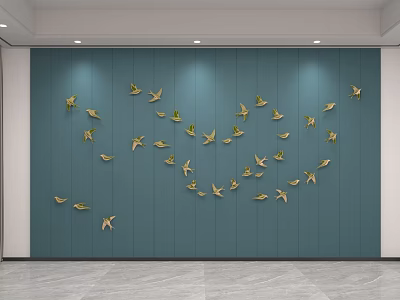 Blue Background Wall With Golden Birds In Heart Shaped Interior Decor 3d model