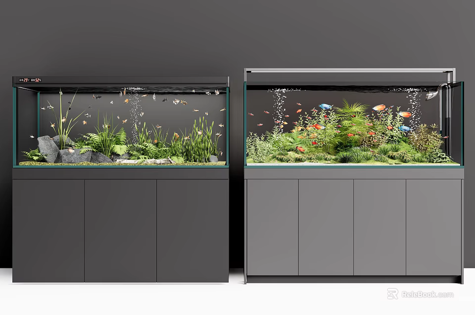 Two Aquarium Fish Tanks With Modern Cabinet And Colorful Fish Aquatic Plants 3d model 