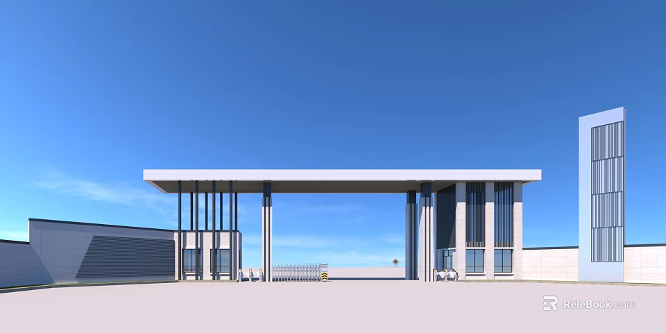 Modern Entrance Gate With White Roof Black Columns And Blue Sky Background 3d model 