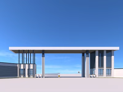 Modern Entrance Gate With White Roof Black Columns And Blue Sky Background 3d model