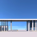 Modern Entrance Gate With White Roof Black Columns And Blue Sky Background
