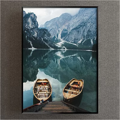 Scenic Mountain Lake Landscape Painting with Wooden Boats and Clear Water Reflection 3d model