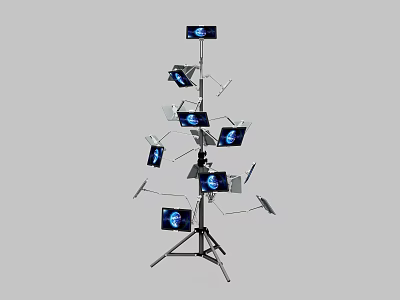Multiple Computer Screens Arranged In Tree Like Structure With Tripod Stand And Blue Interface 3d model
