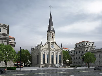 European Style Church Architecture Featuring Spire Clock Tower Surrounding Buildings Trees Street And Fountain 3d model