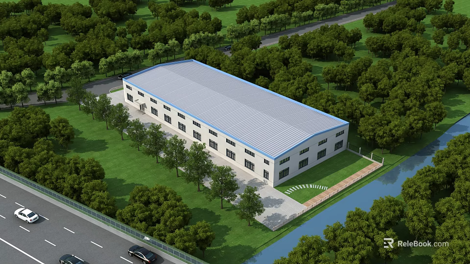 Industrial Factory Building Surrounded by Green Trees Near River Road with Cars Passing 3d model 