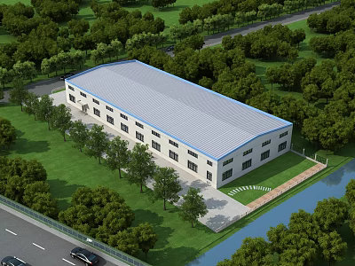 Industrial Factory Building Surrounded by Green Trees Near River Road with Cars Passing 3d model