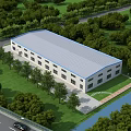 Industrial Factory Building Surrounded by Green Trees Near River Road with Cars Passing