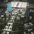 Aerial View Urban Planning of Modern Transport Hub with High Rise Buildings and Green Areas