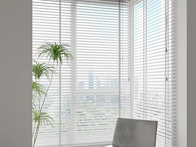 White Window Blinds In Modern Interior With Large Windows City View And Green Plant 3d model