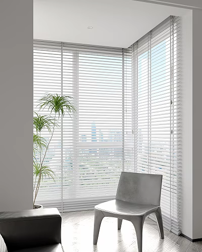 White Window Blinds In Modern Interior With Large Windows City View And Green Plant 3d model